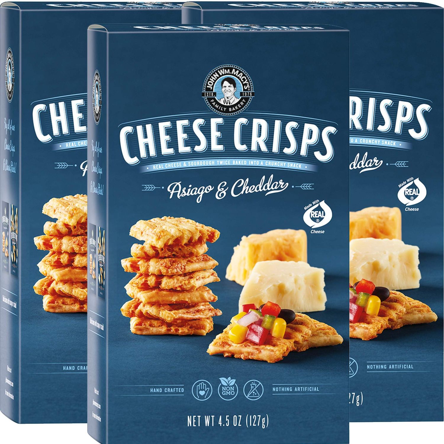 John Wm. Macy - Asiago &amp; Cheddar CheeseCrisps - Hand Crafted, Non GMO, and Nothing Artificial - Made with Real Cheese - 4.5 oz. Cartons - 3 Pack