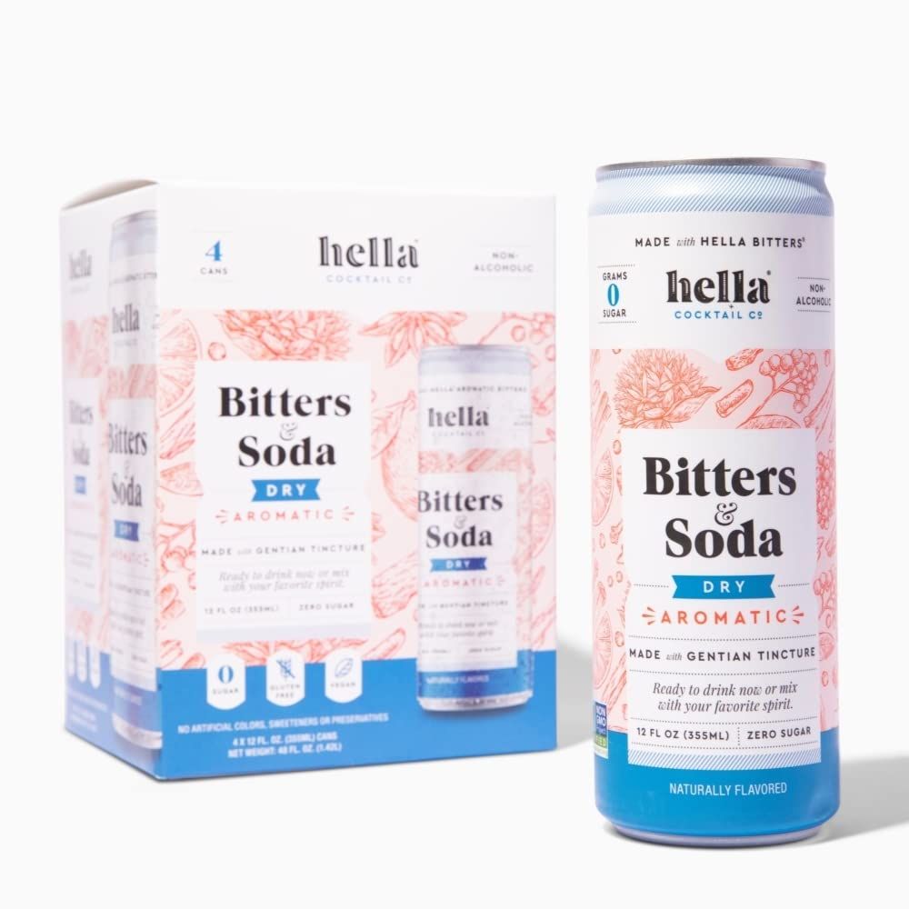 Hella Cocktail Co. Classic Dry Aromatic Bitters &amp; Soda - 12oz Cans (Pack of 4) - Ready to Drink or Use as Cocktail Mixer - Zero Sugar, All Natural Ingredients, Made with Gentian Tincture