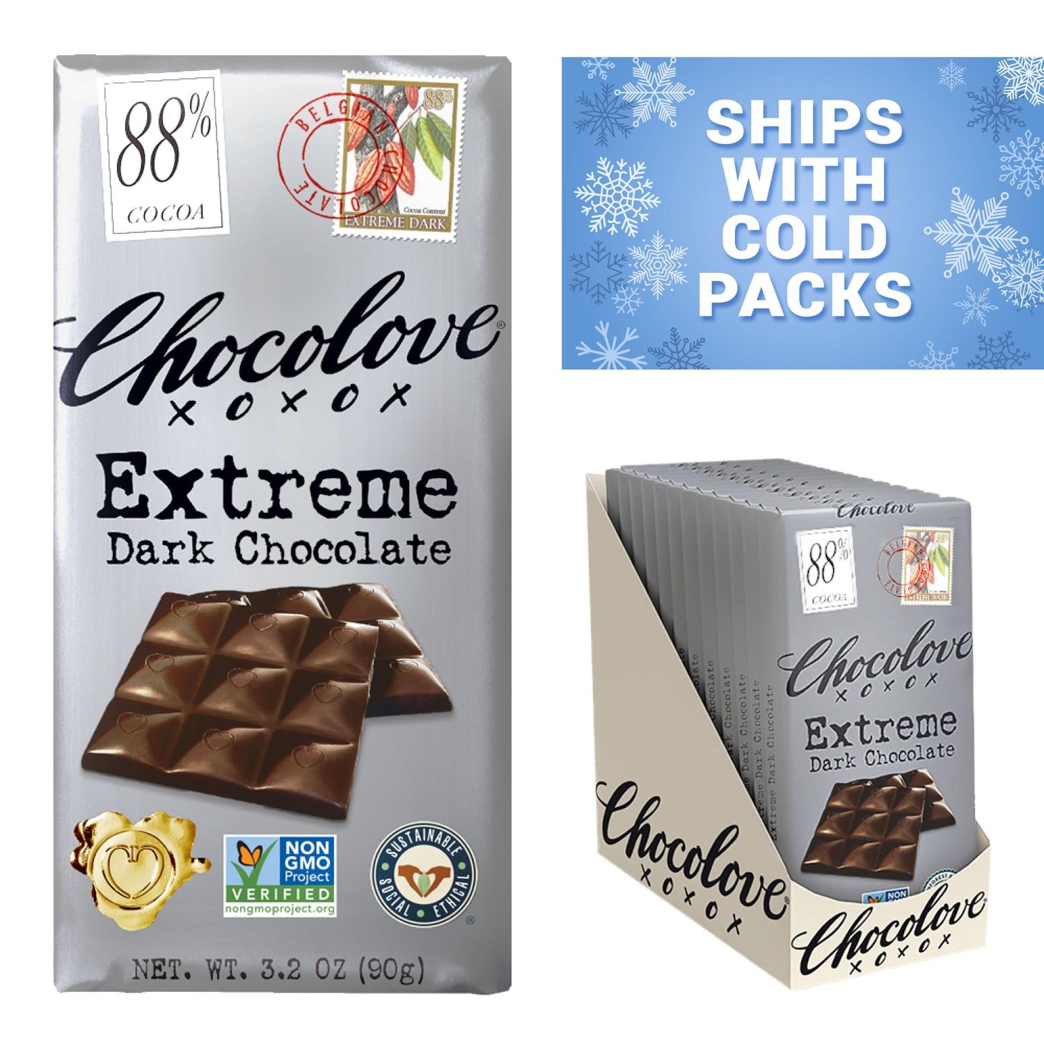 Chocolove Extreme Dark Chocolate Bars | 88% Cocoa | Rich and Intense Flavor | Made with Premium Belgium Dark Chocolate | Non-GMO &amp; Gluten-Free, 3.2 oz Bar (12 Pack)