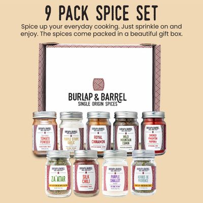Burlap &amp; Barrel 9-Pack Spice Gift Set - As Seen On Shark Tank! - 9 Spices Selected for the Curious Cook - Seasonings for Cooking - Gift for Mom - 9 Full Size Jars Including Cinnamon, Garlic &amp; Lime