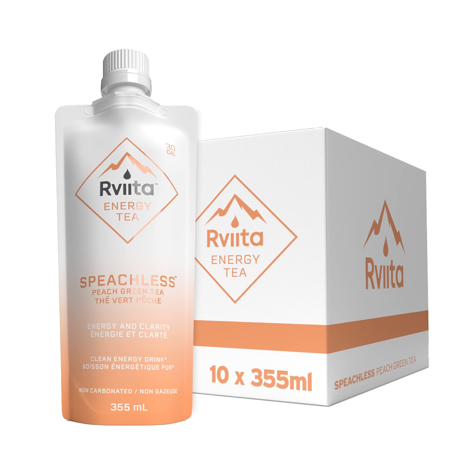 Rviita Energy Tea - Peach, Premium Energy Drink, Clean Natural Ingredients, 141mg Caffeine, Low-Calorie, Low-Sugar, Ready-to-drink (12oz x 10-Pack)