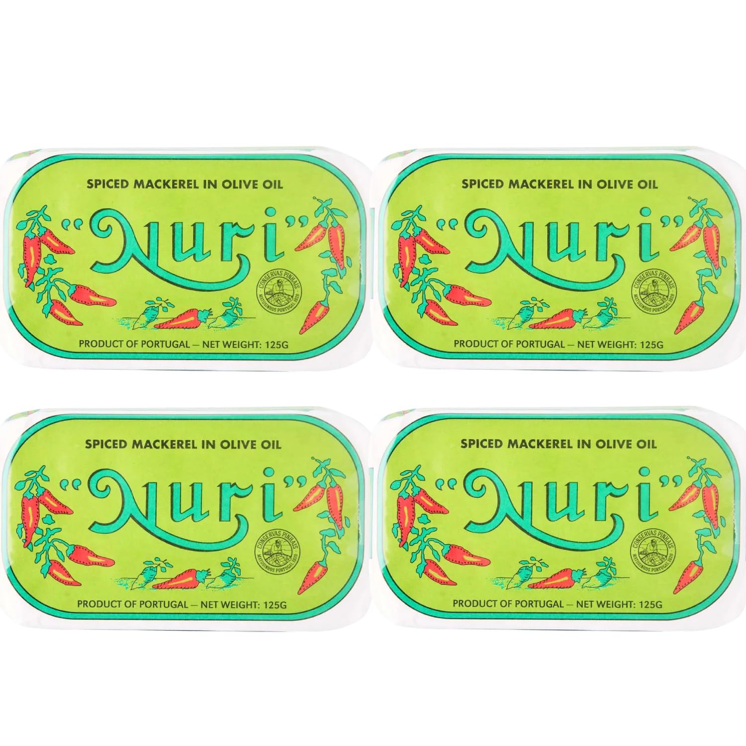 Nuri Mackerel Spiced in Olive Oil | 4 Pack | Product of Portugal | Premium Wild Caught, Hand Selected and Packaged | 100% Natural | Gourmet fish in 4.4 oz can (125 Gram)