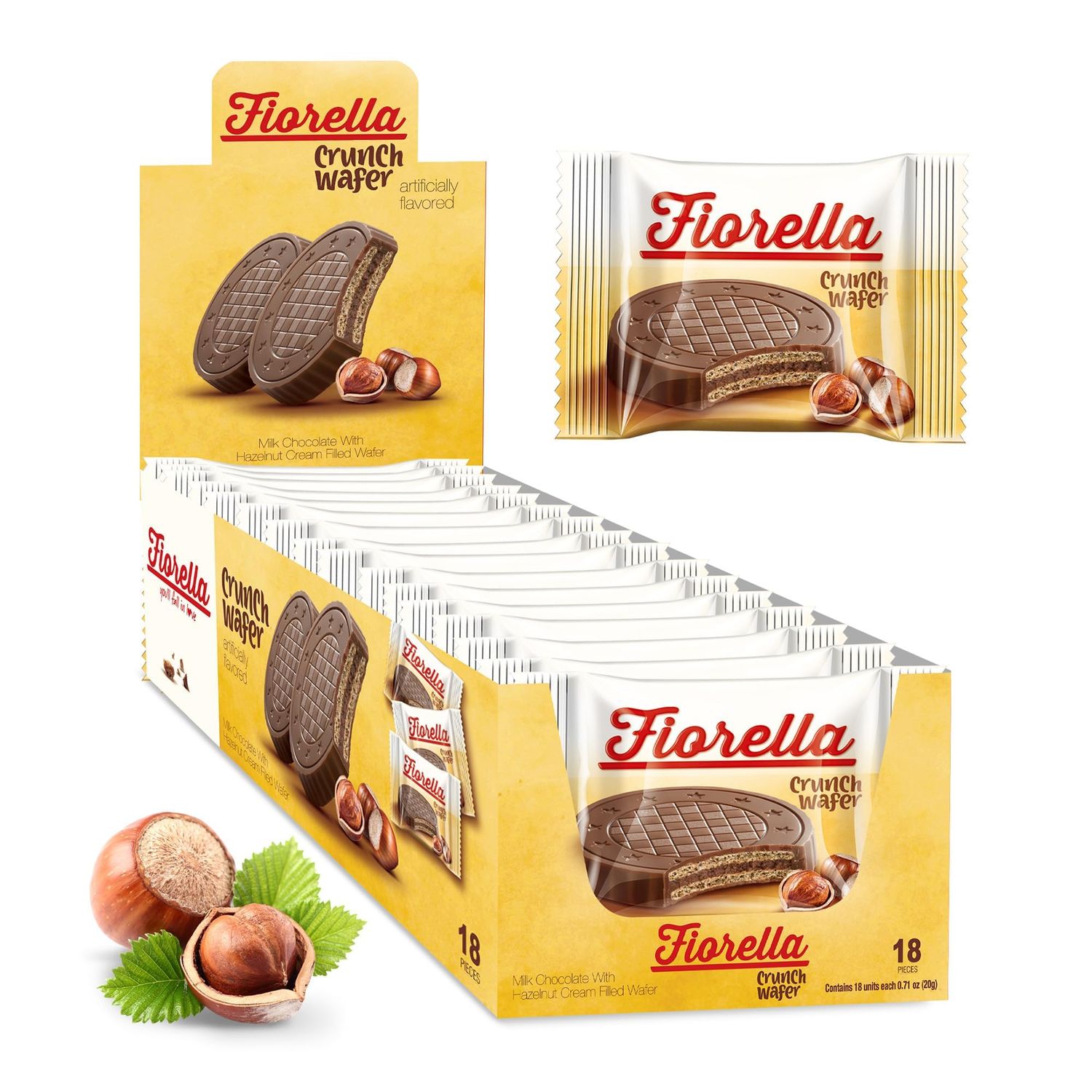Fiorella Crunch Wafer Cookies - Delicious Chocolate Covered Crispy Thin Wafers with Layers of Hazelnut Cream Filling, Individually Wrapped, Perfect for Snacks, (Pack of 18)