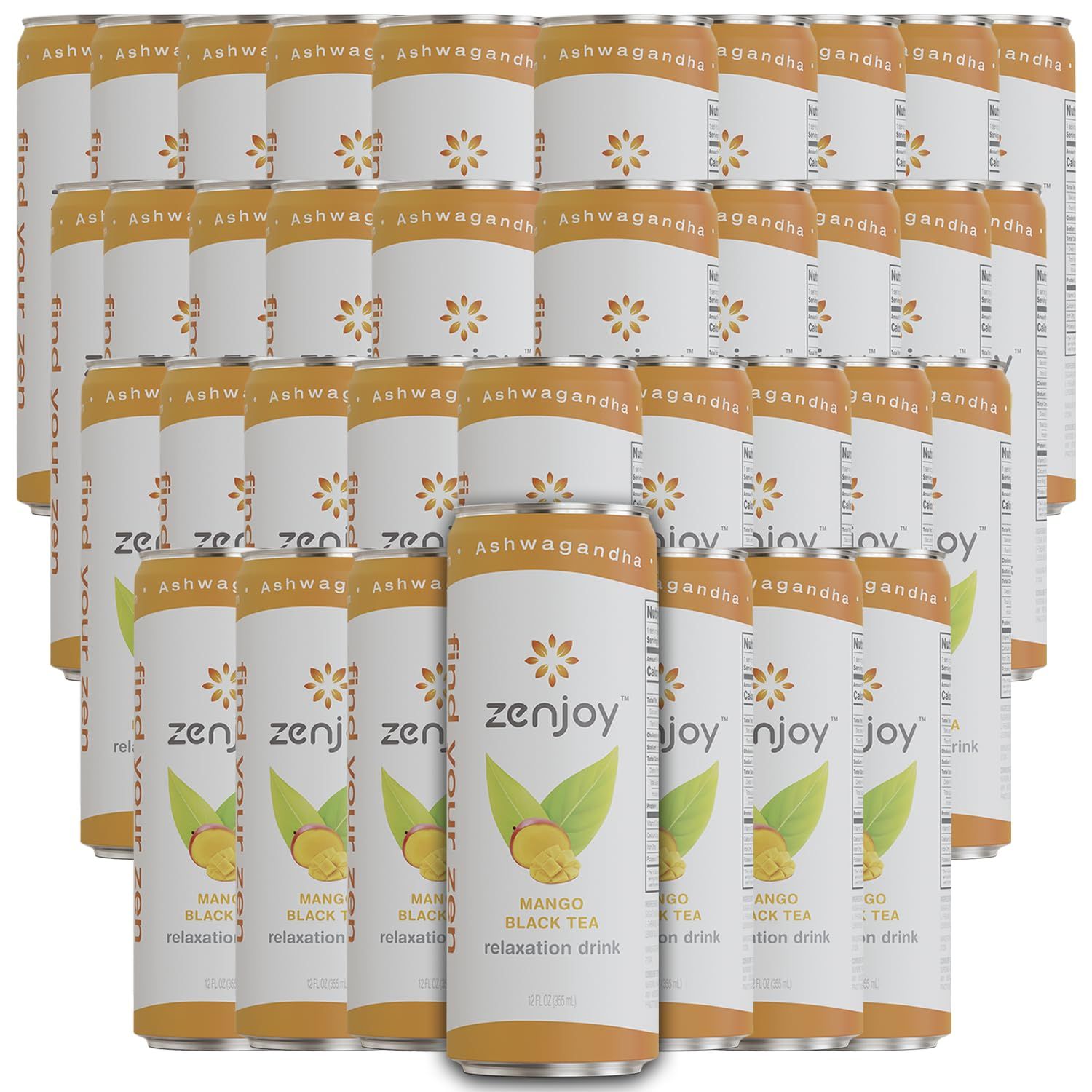 Zenjoy Mango Black Tea Relaxation Drink 36 Pack - Calming Drink with Ashwagandha &amp; Lemon Balm - Non-Alcoholic Beverage Infused with L-Theanine for Enhanced Focus - 12oz Cans