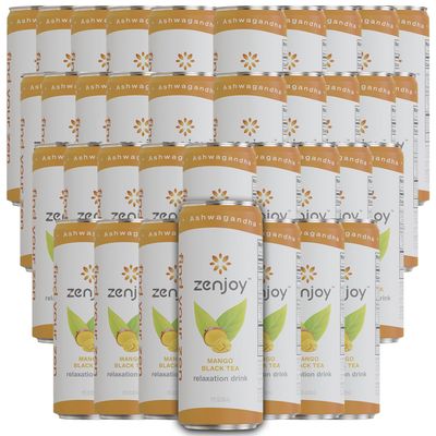 Zenjoy Mango Black Tea Relaxation Drink 36 Pack - Calming Drink with Ashwagandha &amp; Lemon Balm - Non-Alcoholic Beverage Infused with L-Theanine for Enhanced Focus - 12oz Cans