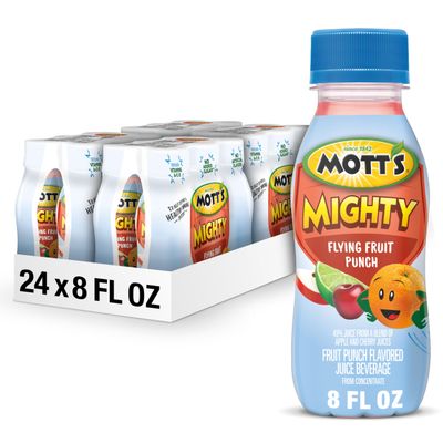 Mott&#39;s Mighty Flying Fruit Punch Juice Drink, 8 Fl Oz Bottles, 24 Count (4 Packs Of 6), 100% Fruit Juice with Purified Water, Vitamins A, C And E, No Artificial Flavors, Colors or Sweeteners