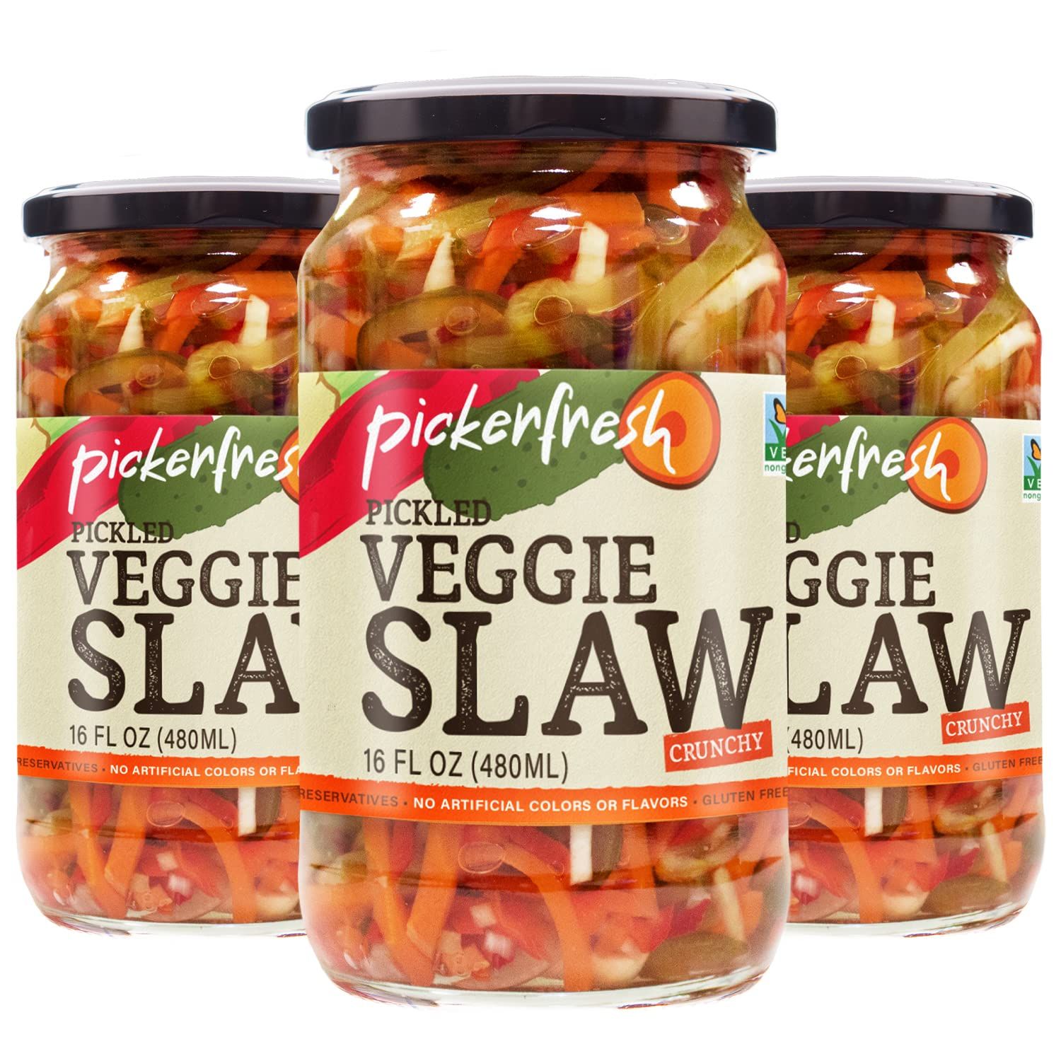 Pickerfresh Pickled Veggie Slaw, Crunchy, 16 fl oz (3 Pack), Non-GMO, Gluten Free, No Artificial Color &amp; No Preservatives, Ingredients (Pickles, Carrot, Red Pepper, Celery)