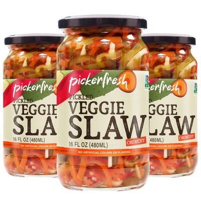 Pickerfresh Pickled Veggie Slaw, Crunchy, 16 fl oz (3 Pack), Non-GMO, Gluten Free, No Artificial Color &amp; No Preservatives, Ingredients (Pickles, Carrot, Red Pepper, Celery)