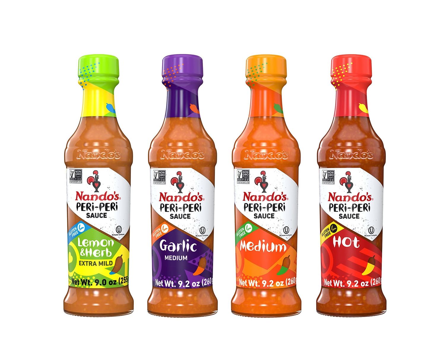 Nando&#39;s PERi-PERi Hot Sauce Variety Gift Pack - Medium, Hot, Garlic, Lemon &amp; Herb Piri Piri Sauces | Flavorful Hot Sauce Gift Set Box | Great as Wing Sauces! Gluten Free - 9.1 oz (4 Pack)