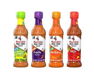 Nando&#39;s PERi-PERi Hot Sauce Variety Gift Pack - Medium, Hot, Garlic, Lemon &amp; Herb Piri Piri Sauces | Flavorful Hot Sauce Gift Set Box | Great as Wing Sauces! Gluten Free - 9.1 oz (4 Pack)