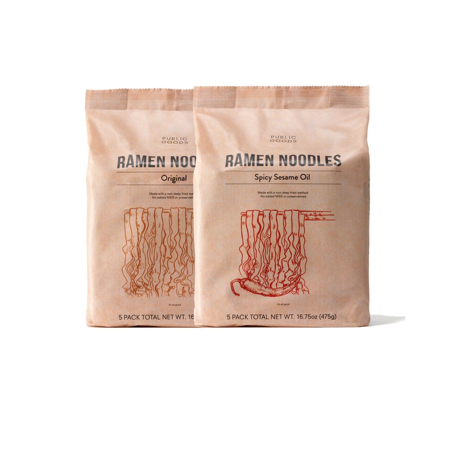 Public Goods Ramen Noodles | Brothless Vegan &amp; Vegetarian Instant Ramen | Healthy, High Protein Asian Noodle | Preservative Free | No Added MSG | Original &amp; Spicy Sesame Oil (10 Pack)