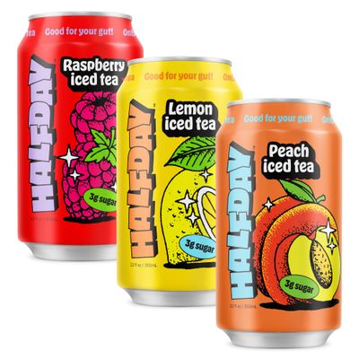 HALFDAY Prebiotic Iced Tea Cans, Variety 12 Pack, Supports Digestive Health &amp; Gut Health, 8g Plant Fiber &amp; Prebiotics, Gluten Free, Paleo, Low Calorie, Low Sugar, Lemon, Peach &amp; Raspberry Organic Tea