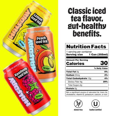 HALFDAY Prebiotic Iced Tea Cans, Variety 12 Pack, Supports Digestive Health &amp; Gut Health, 8g Plant Fiber &amp; Prebiotics, Gluten Free, Paleo, Low Calorie, Low Sugar, Lemon, Peach &amp; Raspberry Organic Tea