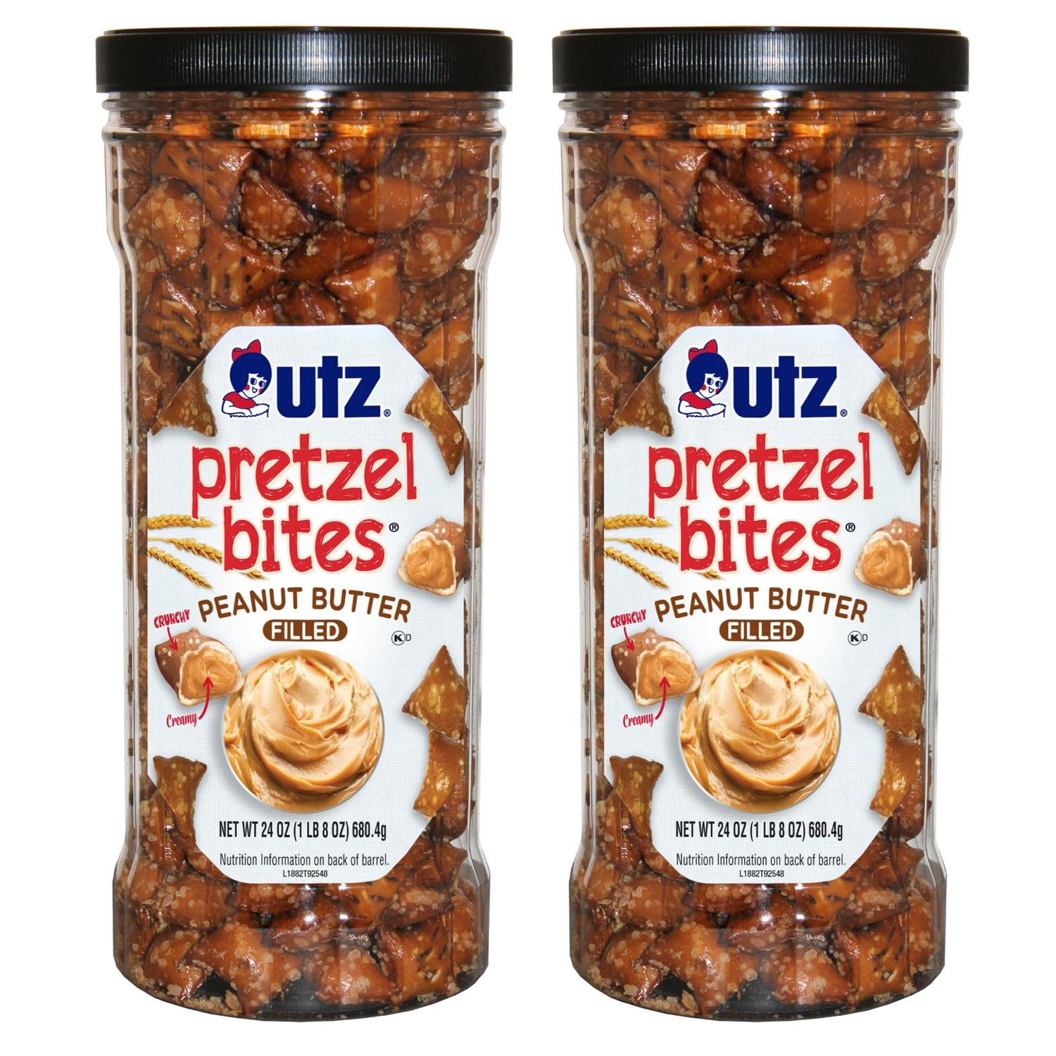 Utz Peanut Butter Pretzel Bites, 24 oz Canister (2 Count) - Crunchy Pretzel Nuggets with Creamy Peanut Butter Center, Quick Snacks with No Cholesterol, No Trans Fats, Brown