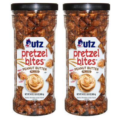 Utz Peanut Butter Pretzel Bites, 24 oz Canister (2 Count) - Crunchy Pretzel Nuggets with Creamy Peanut Butter Center, Quick Snacks with No Cholesterol, No Trans Fats, Brown