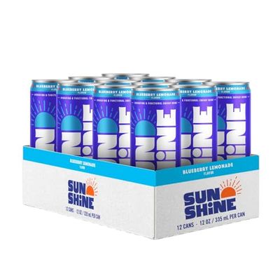 Sunshine Sparkling Energy Drink, Blueberry Lemonade with Daily Essential Vitamins, 360mg of Electrolytes, 70mg of Natural Caffeine, 12 Fl Oz (Pack of 12)