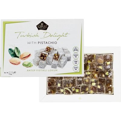 Cerez Pazari Turkish Delight Pistachio Candy Gourmet Premium Vegan Sweets Small Gift Box 7.4oz | Sweet Luxury Traditional Confectionery Soft Candy Dessert Glucose Free Lokum (Loukoumi) | Apprx.35 Pcs