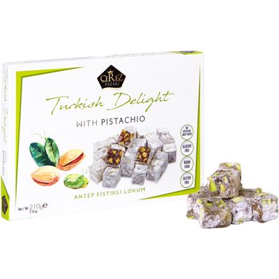 Cerez Pazari Turkish Delight Pistachio Candy Gourmet Premium Vegan Sweets Small Gift Box 7.4oz | Sweet Luxury Traditional Confectionery Soft Candy Dessert Glucose Free Lokum (Loukoumi) | Apprx.35 Pcs