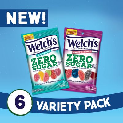 Welchs Zero Sugar Fruity Bites, Variety Fruit Snacks Pack with Berries 'N Cherries &amp; Island Fruit, Gluten Free, 3 oz (Pack of 6)