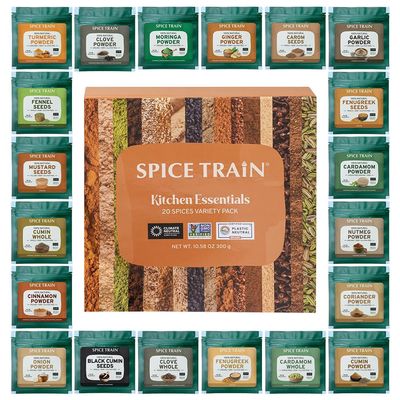 SPICE TRAIN, Spices Assortment Box - 20 Exotic Spices Essential Starter Spice Set - Gluten Free, Non-GMO | Seasonings &amp; Spices | Cooking Essentials Gift Set | Direct from India