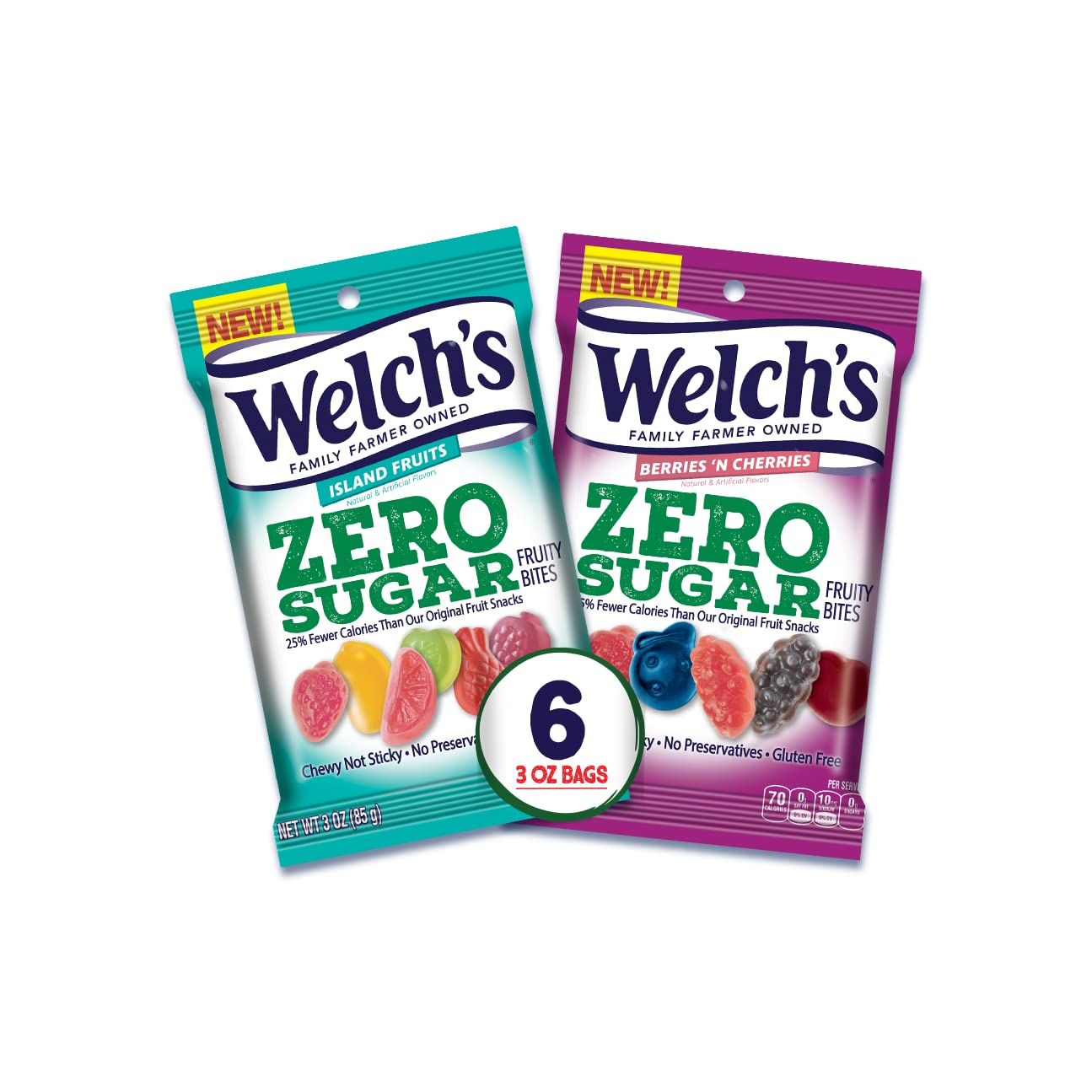 Welchs Zero Sugar Fruity Bites, Variety Fruit Snacks Pack with Berries &#39;N Cherries &amp; Island Fruit, Gluten Free, 3 oz (Pack of 6)