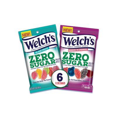 Welchs Zero Sugar Fruity Bites, Variety Fruit Snacks Pack with Berries &#39;N Cherries &amp; Island Fruit, Gluten Free, 3 oz (Pack of 6)