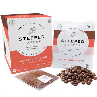 Steeped Coffee Single-Serve Packs - Just + Water - Direct Trade, Hand Roasted &amp; Freshly Ground, Specialty Grade - Nitro Sealed (California Blend (Medium Roast), 8 Count (Pack of 1))