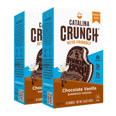 Catalina Crunch Chocolate Vanilla Sandwich Cookies, Healthy Snacks for Kids &amp; Adults, Vegan, Low Sugar 2g, Low Carb, High Protein 4g &amp; Fiber 3g, Keto Friendly, Plant Based, 6.8 oz (Pack of 2)