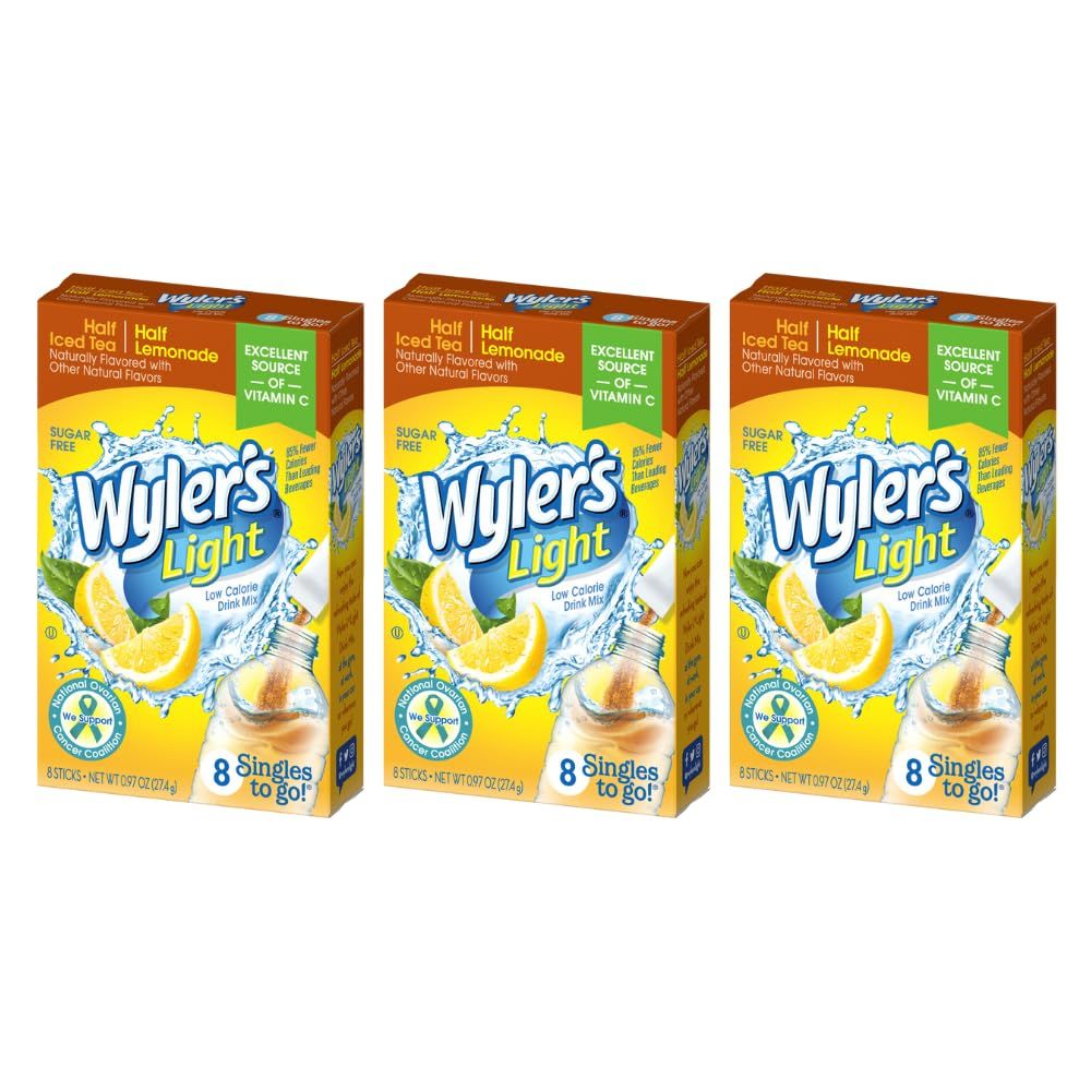 Wyler&#39;s Light Singles To Go Powder Packets, Water Drink Mix, Half Iced Tea &amp; Half Lemonade, 8 Packets per Box (Pack of 3)