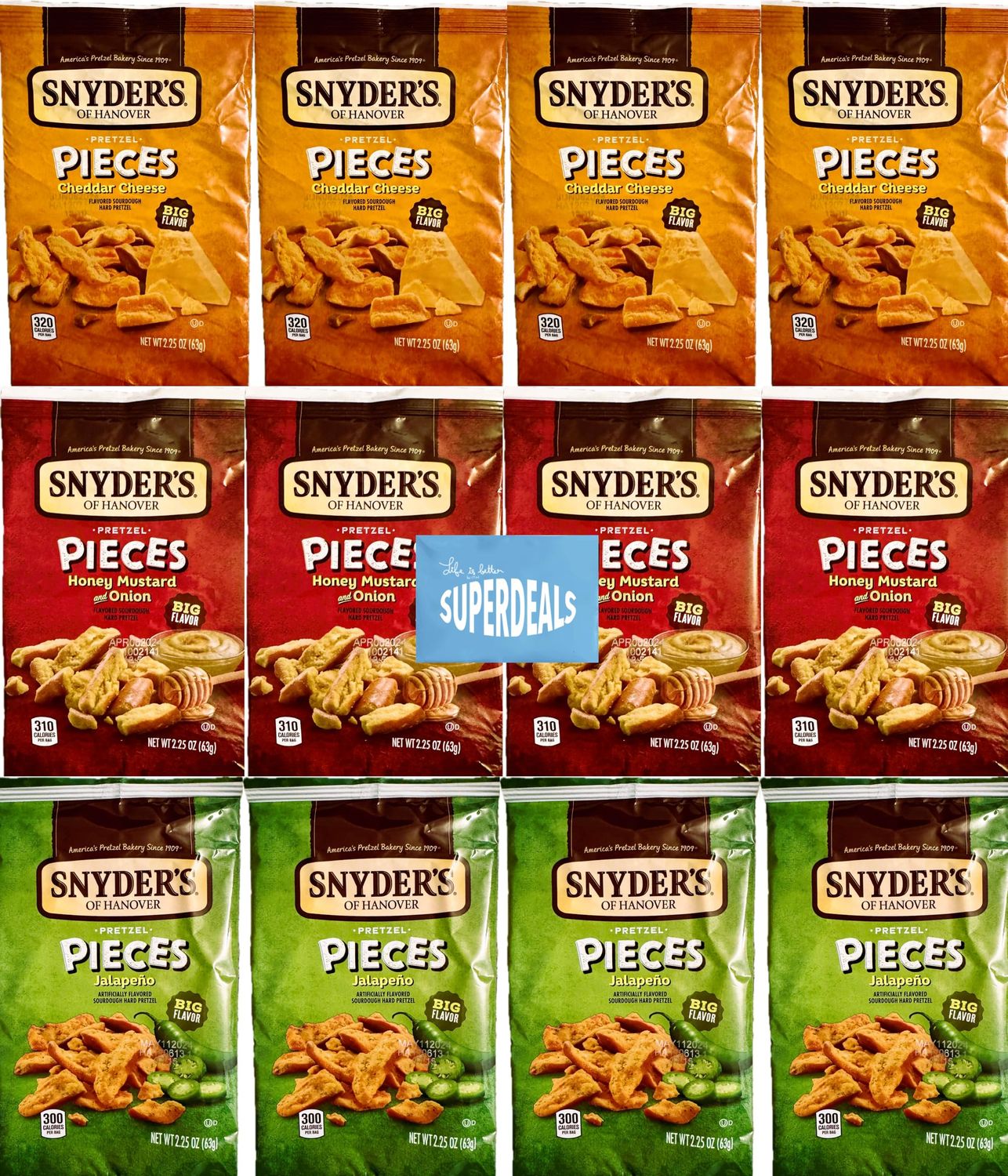 Snyders of Hanover Pretzel Pieces Variety 12 Pack bundled by SUPERDEALS 4 Cheddar Cheese 4 Honey Mustard and Onion 4 Jalapeno Pretzels 225 oz each bag total 27 Ounces with mystery gift in every order