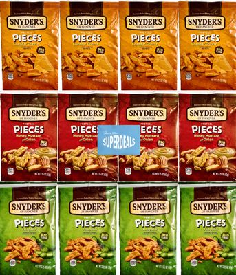 Snyders of Hanover Pretzel Pieces Variety 12 Pack bundled by SUPERDEALS 4 Cheddar Cheese 4 Honey Mustard and Onion 4 Jalapeno Pretzels 225 oz each bag total 27 Ounces with mystery gift in every order