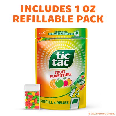 Tic Tac Fruit Adventure Mints, Bulk Resealable Refill Bag, On-the-Go Refreshment, Stocking Stuffer, Includes Empty Refillable Pack, 17.2 oz