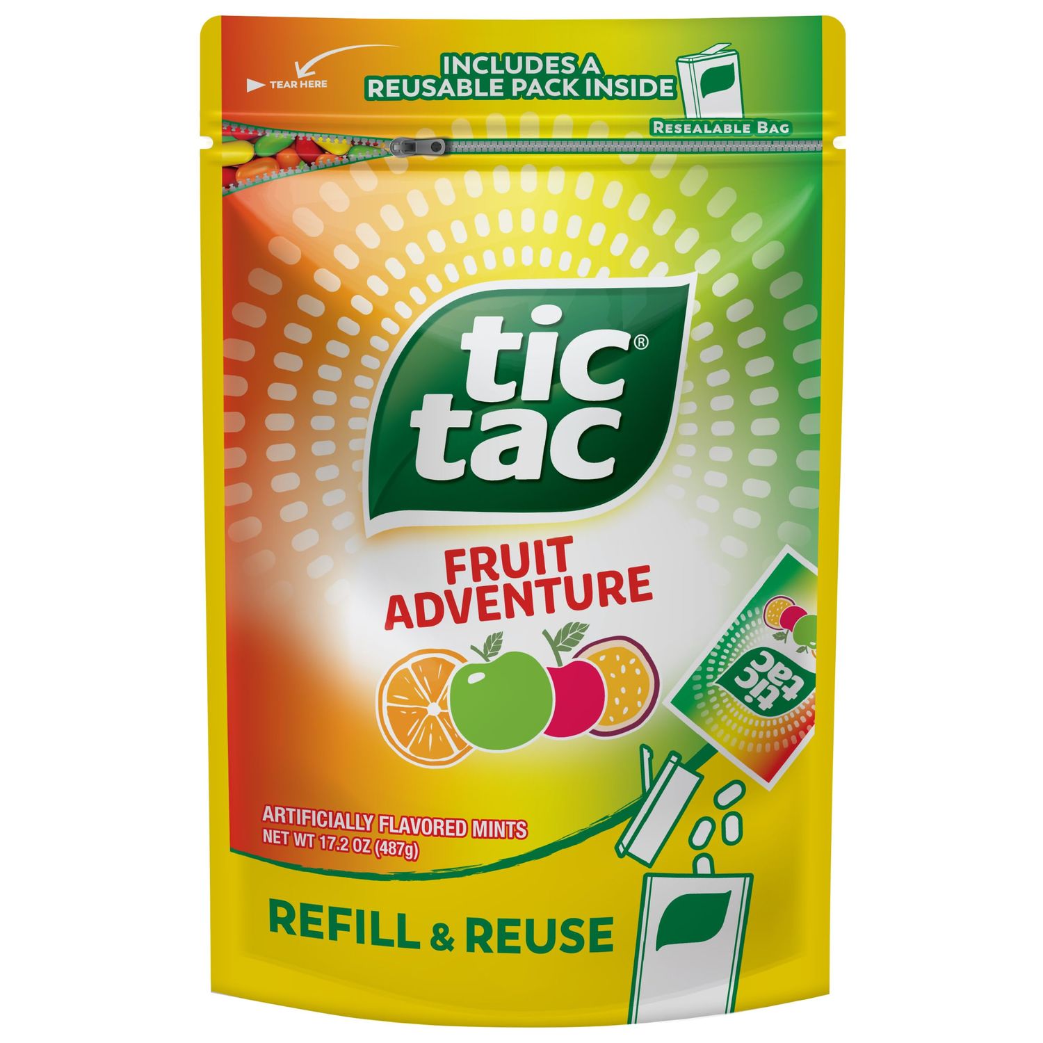 Tic Tac Fruit Adventure Mints, Bulk Resealable Refill Bag, On-the-Go Refreshment, Stocking Stuffer, Includes Empty Refillable Pack, 17.2 oz