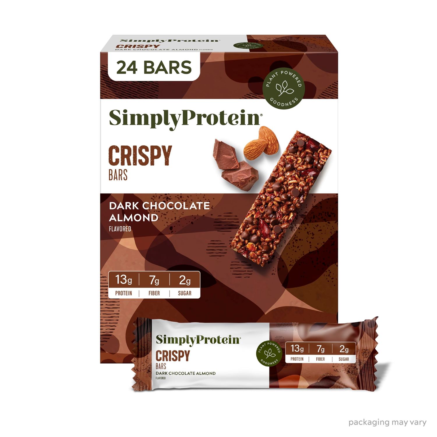 Simply Protein - Dark Chocolate Almond Crispy Bars - Plant Based Protein Bars - Low Carb, Low Sugar, High Fiber - 13g Protein, 2g Sugar, 7g Fiber - Vegan, Gluten Free, Non GMO, Kosher - 24 Bars