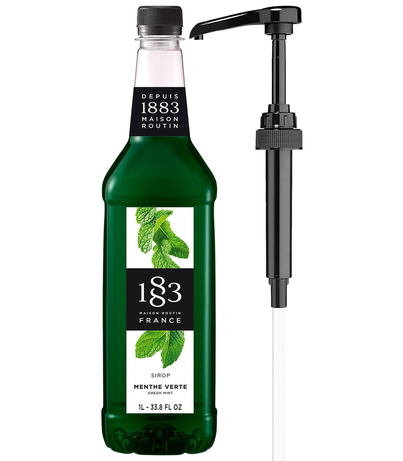 1883 Green Mint Syrup with Pump for Hot &amp; Cold Drinks - 1 Liter 33.8 Ounces