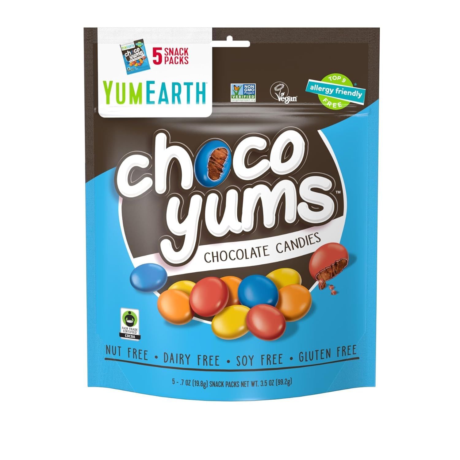 YumEarth Choco Yums, 5- 0.7 Ounce Snack Packs, Allergy Friendly, Gluten Free, Non-GMO, Vegan, No Artificial Flavors or Dyes (Pack of 1)