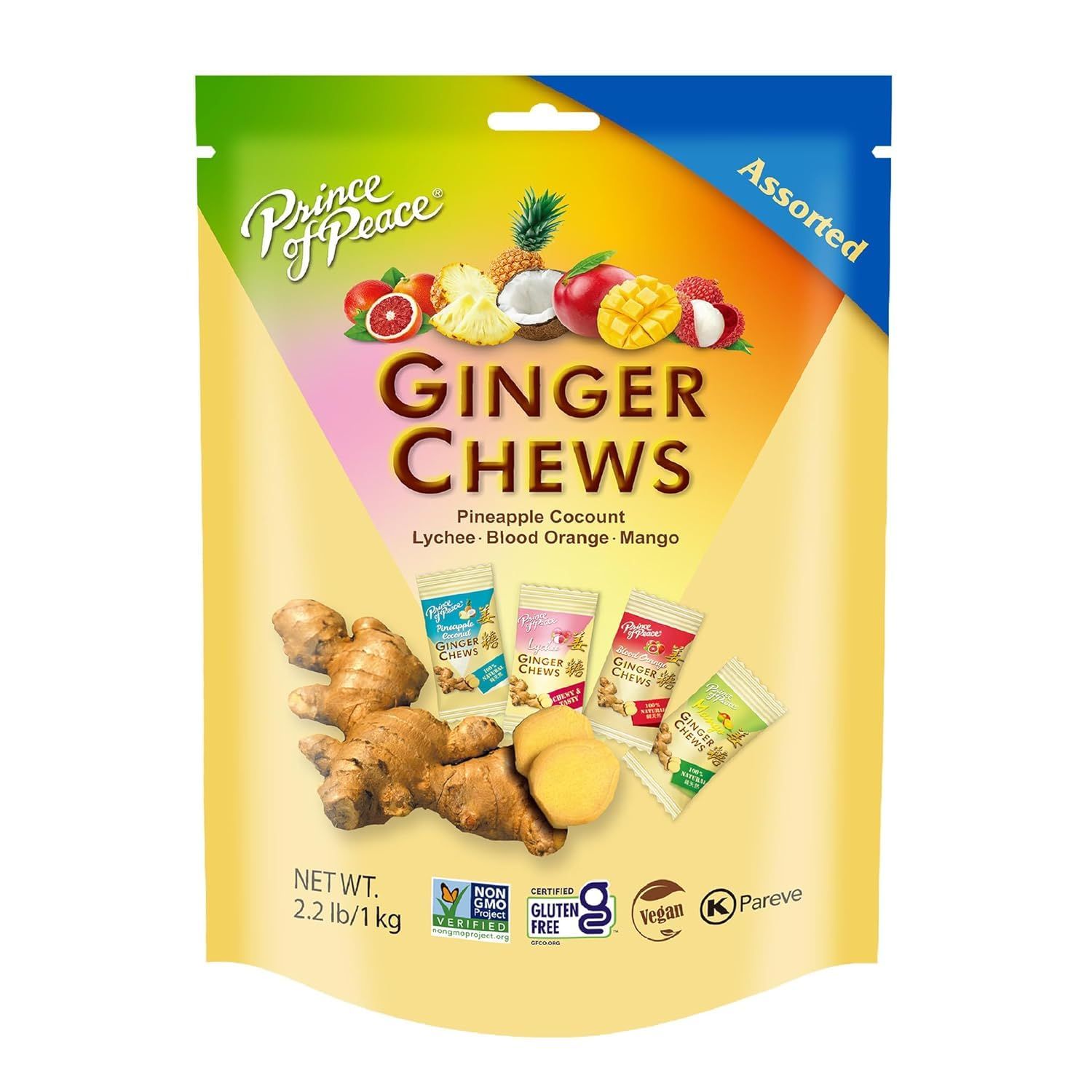 Prince of Peace Ginger Chews Assorted Flavors Mango Blood Orange Pineapple Coconut Lychee Candied Ginger  Candy Pack  Ginger Chews Candy  Gluten Free Individually Wrapped Healthy Candy 22Lb1kg
