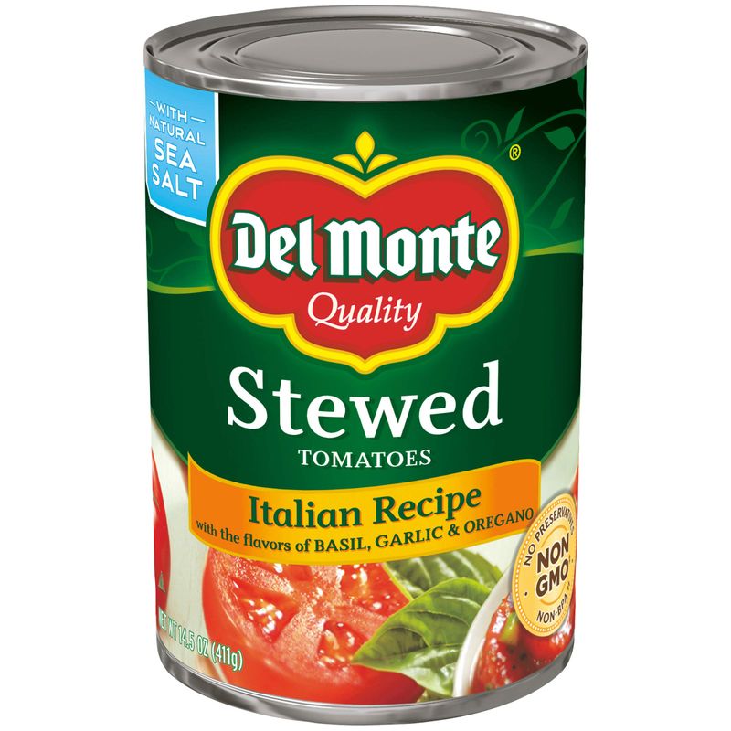 Del Monte Italian Recipe Stewed Tomatoes with the Flavors of Basil, Garlic &amp; Oregano, 14.5 oz (Pack of 12 Cans)