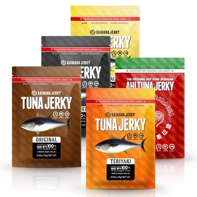 Kaimana Jerky Ahi Tuna Sampler Bundle - All Natural &amp; Wild Caught Tuna Jerky. Made in USA. 9g Protein &amp; Good Source Of Omega-3&#39;s (5 pack, 0.50 oz)