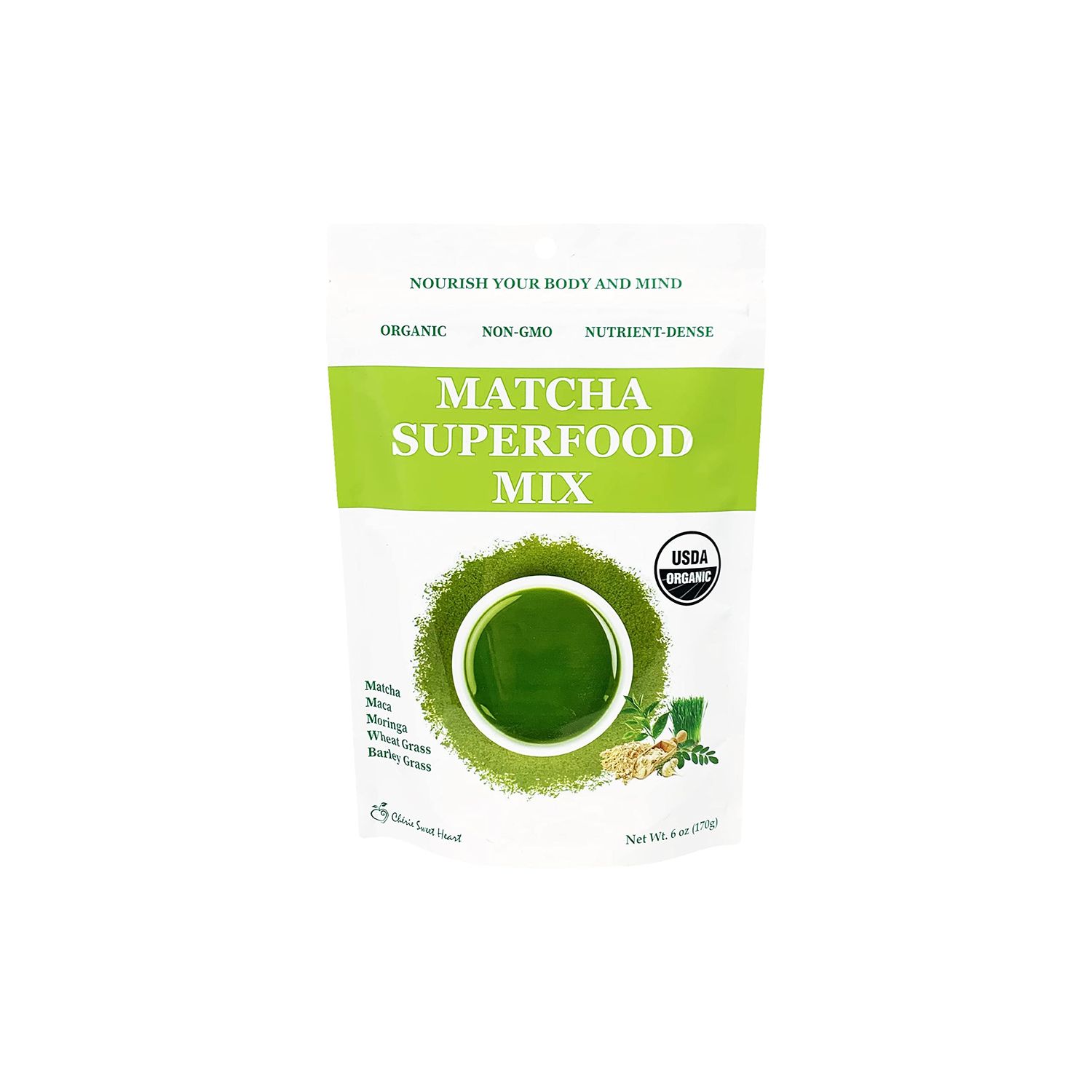 Cherie Sweet Heart Matcha Powder Green Superfood Mix, Non-GMO Mixed Greens, Plant Based, Focus &amp; Energy, Organic Green Tea Powder, Natural Caffeine Drink Mix (6oz, 34 Servings) (Packaging May Vary)