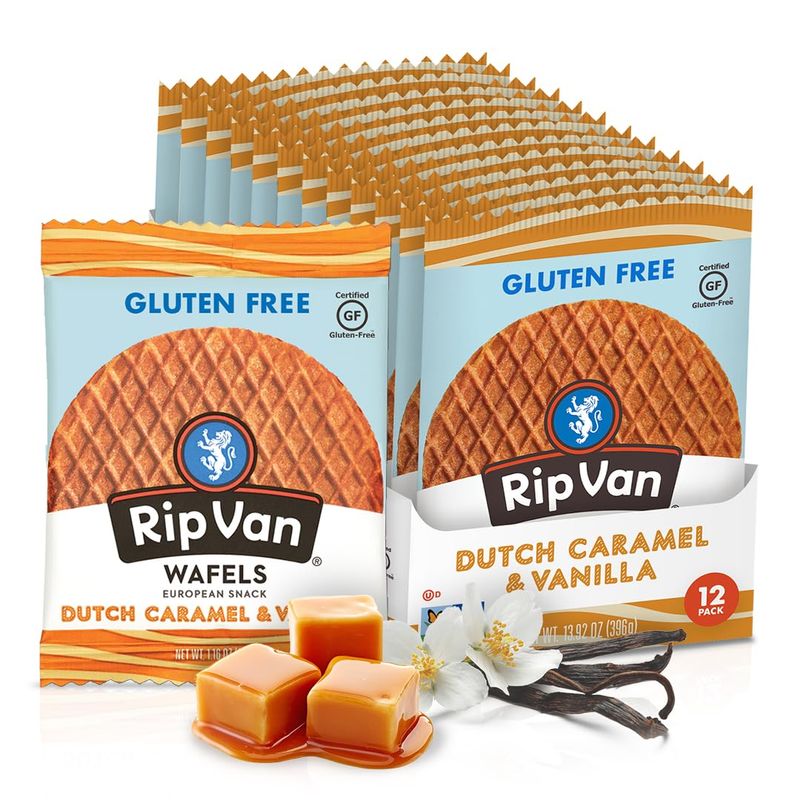 Rip Van Wafels Gluten-Free Stroopwafel - Dutch Caramel &amp; Vanilla Stroopwafels Healthy Snacks Non-GMO Low Sugar (6g) Calorie, 12 Count