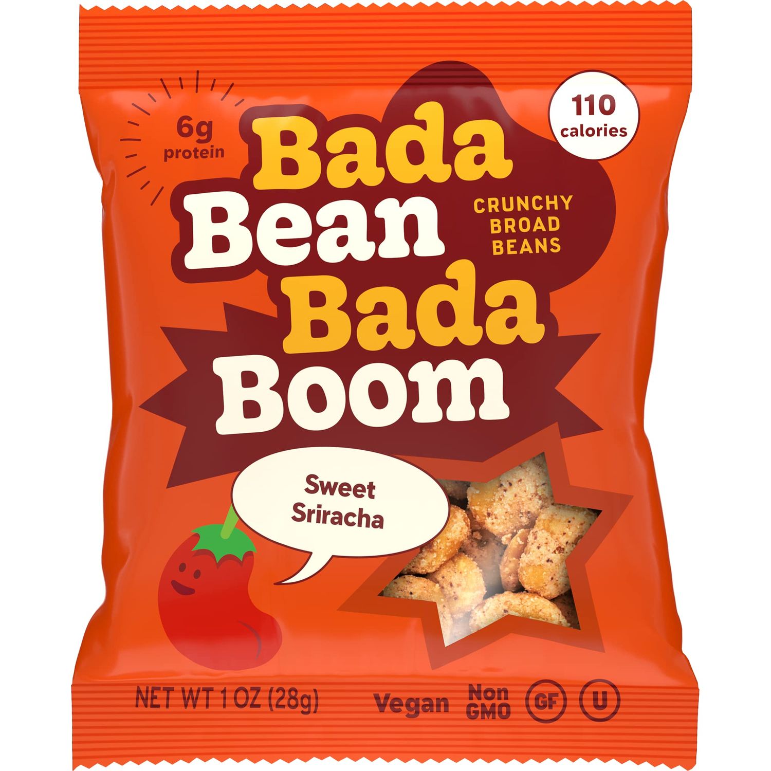 Enlightened Bada Bean Bada Boom - Plant-Based Protein, Gluten Free, Vegan, Crunchy Roasted Broad (Fava) Bean Snacks, 110 Calories per Serving, Sriracha, 1 oz, 24 Pack