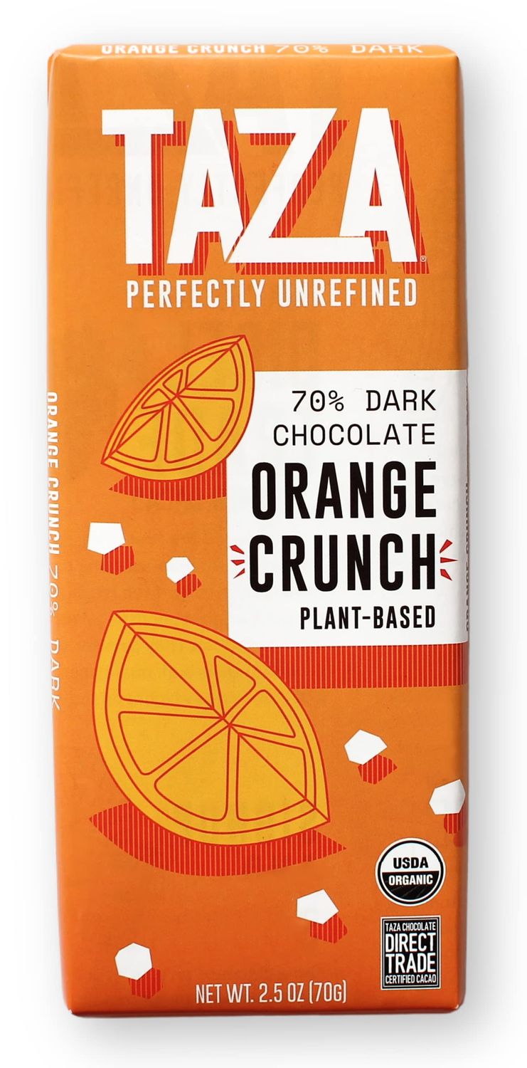 Taza Chocolate Organic Smooth &amp; Crunchy Bars 70% Stone Ground, Orange Crunch 2.5 Ounces (10 Count), Vegan