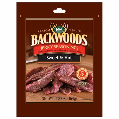 LEM Products Backwoods Sweet &amp; Hot Jerky Seasoning, Ideal for Wild Game and Domestic Meat, Seasons Up to 5 Pounds of Meat, 5.8 Ounce Packet with Pre-Measured Cure Packet Included