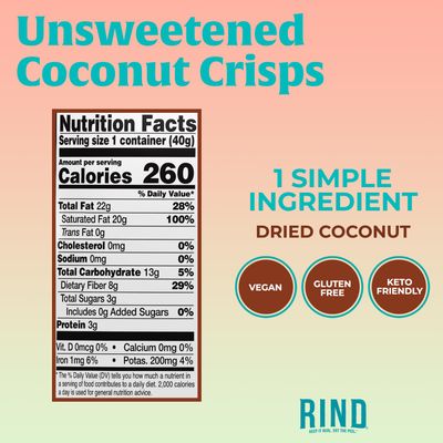 RIND Snacks | All Natural Coconut Crisps | Unsweetened | Dried Fruit Superfood | Snack Chips | Low Carbs | High Fiber | Keto | Gluten Free | Vegan | Paleo | Fruit Snacks | 1.4 oz | 12 Pack