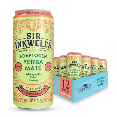 SIR INKWELL&#39;S Adaptogen Yerba Mate | Healthful Energy Organic Caffeine | 300mg Ashwagandha Reishi Ginseng | Immunity Stress Support | Non-GMO Vegan | Blood Orange &amp; Mango 16oz 12pk