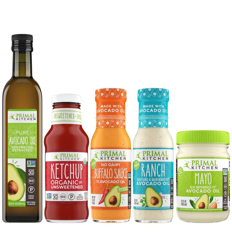 Primal Kitchen Avocado Oil Condiment Starter Kit: Avocado Oil, Unsweetened Ketchup, No Dairy Buffalo Sauce, No Dairy Ranch Dressing, and Avocado Oil Mayo