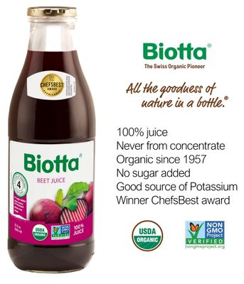 Biotta Organic Beet Juice - 100% Natural Beetroot Superfood - Helps Support Blood Pressure, Brain, Stamina &amp; Energy - Natural Nitric Oxide &amp; Potassium Booster - Gluten Free (32 Fl Oz, Pk of 4)