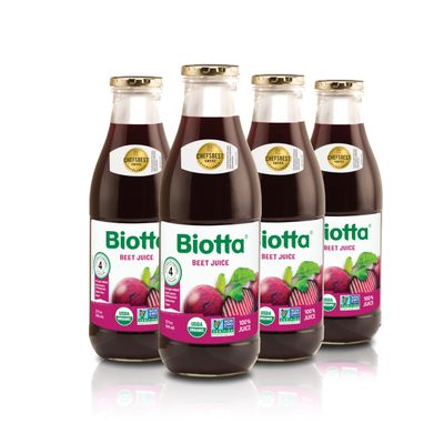 Biotta Organic Beet Juice - 100% Natural Beetroot Superfood - Helps Support Blood Pressure, Brain, Stamina &amp; Energy - Natural Nitric Oxide &amp; Potassium Booster - Gluten Free (32 Fl Oz, Pk of 4)