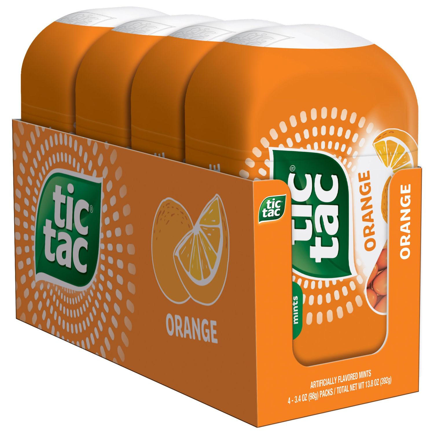 Tic Tac Orange Flavored Mints, 4 Bottle Packs, On-the-Go Refreshment, Stocking Stuffers, 3.4 oz Each